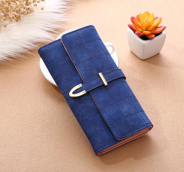 Frosted Lingge long wallet in PU leather with magnetic buckle and diamond pattern, 19.5x9.5cm