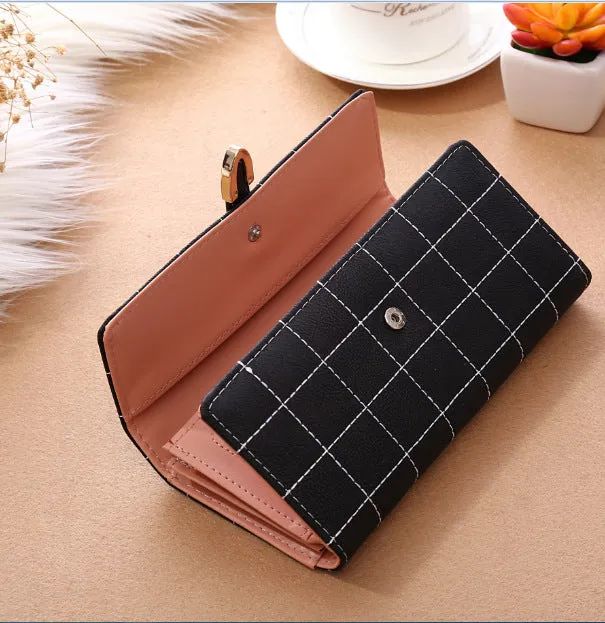 Frosted Lingge long wallet in PU leather with magnetic buckle and diamond pattern, 19.5x9.5cm