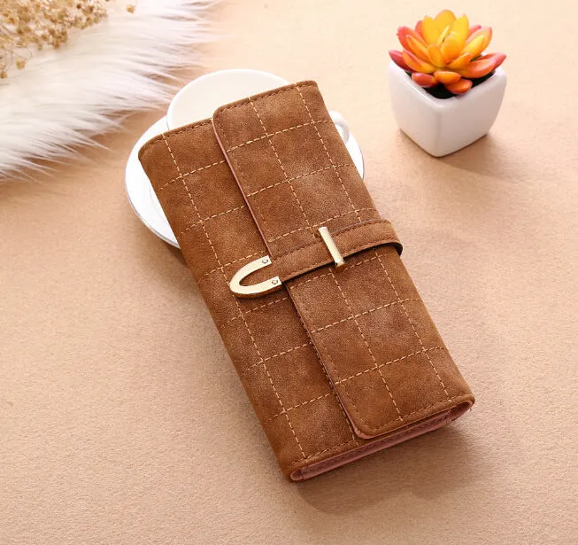 Frosted Lingge long wallet in PU leather with magnetic buckle and diamond pattern, 19.5x9.5cm
