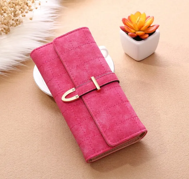 Frosted Lingge long wallet in PU leather with magnetic buckle and diamond pattern, 19.5x9.5cm