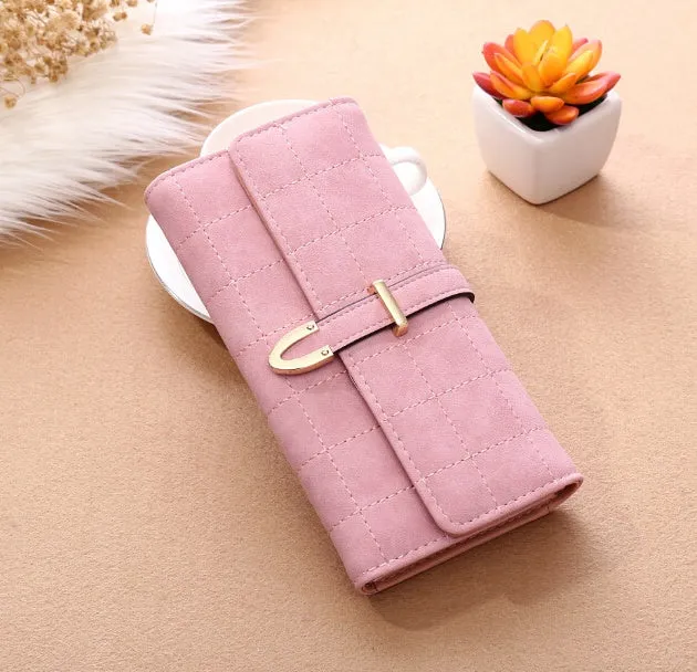 Frosted Lingge long wallet in PU leather with magnetic buckle and diamond pattern, 19.5x9.5cm