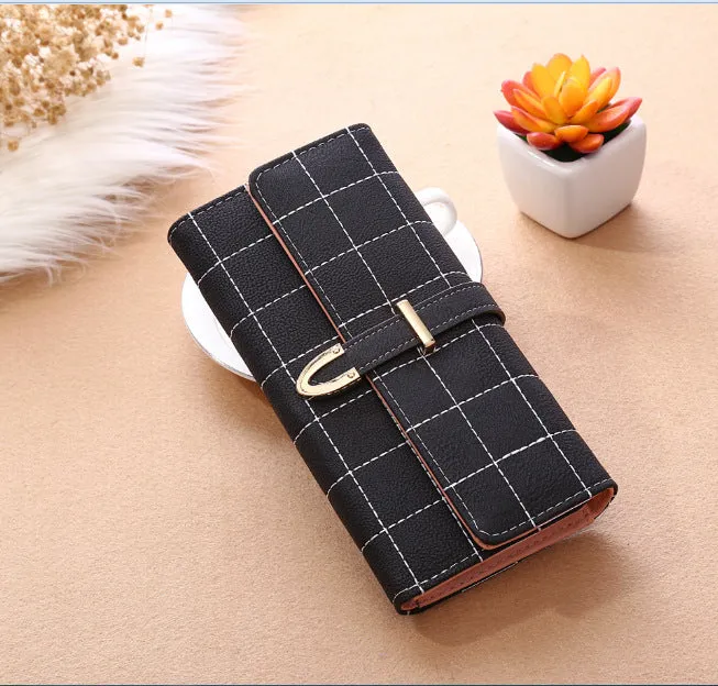 Frosted Lingge long wallet in PU leather with magnetic buckle and diamond pattern, 19.5x9.5cm