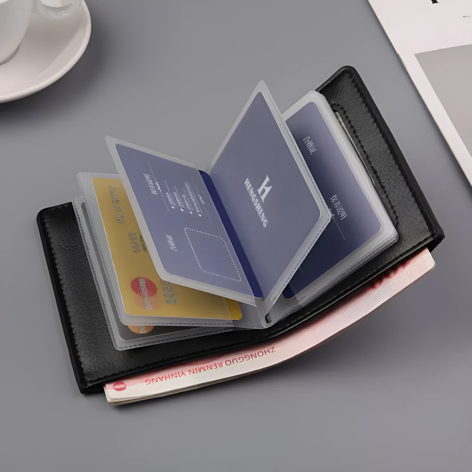 Men's thin PU leather two-fold wallet in black, 19 cm wide, with card slots and car suture stitching