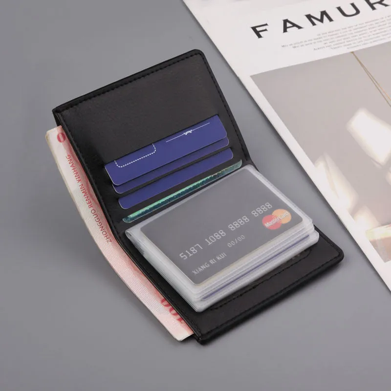 Men's thin PU leather two-fold wallet in black, 19 cm wide, with card slots and car suture stitching