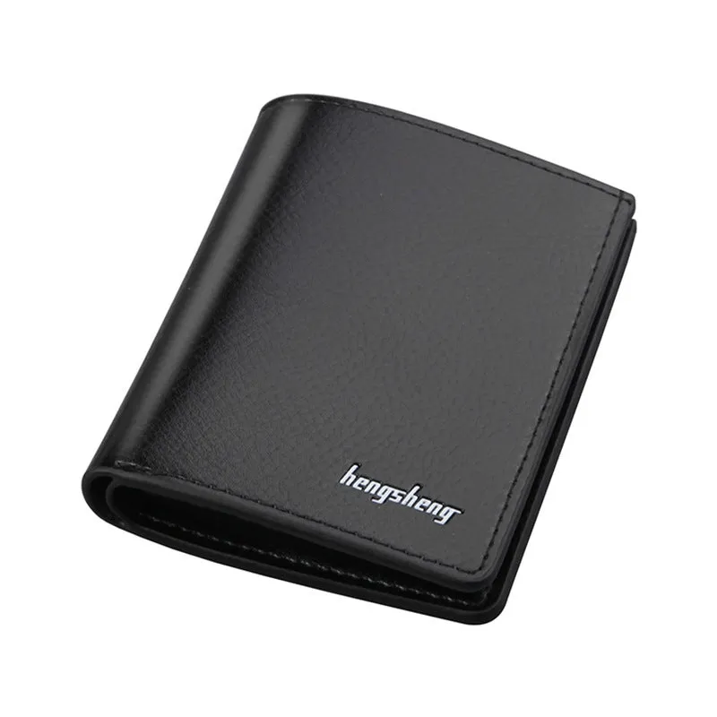 Men's thin PU leather two-fold wallet in black, 19 cm wide, with card slots and car suture stitching