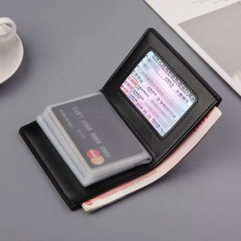 Men's thin PU leather two-fold wallet in black, 19 cm wide, with card slots and car suture stitching