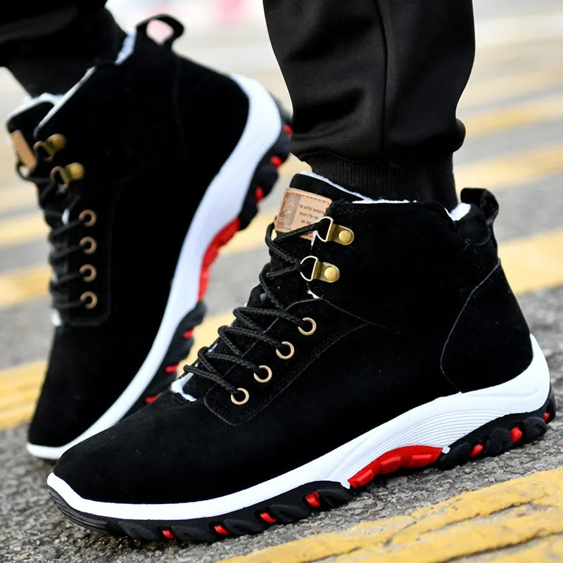 Men winter boots in cotton suede, lace-up style, available in black, blue, and yellow, foot length 24.5–27cm