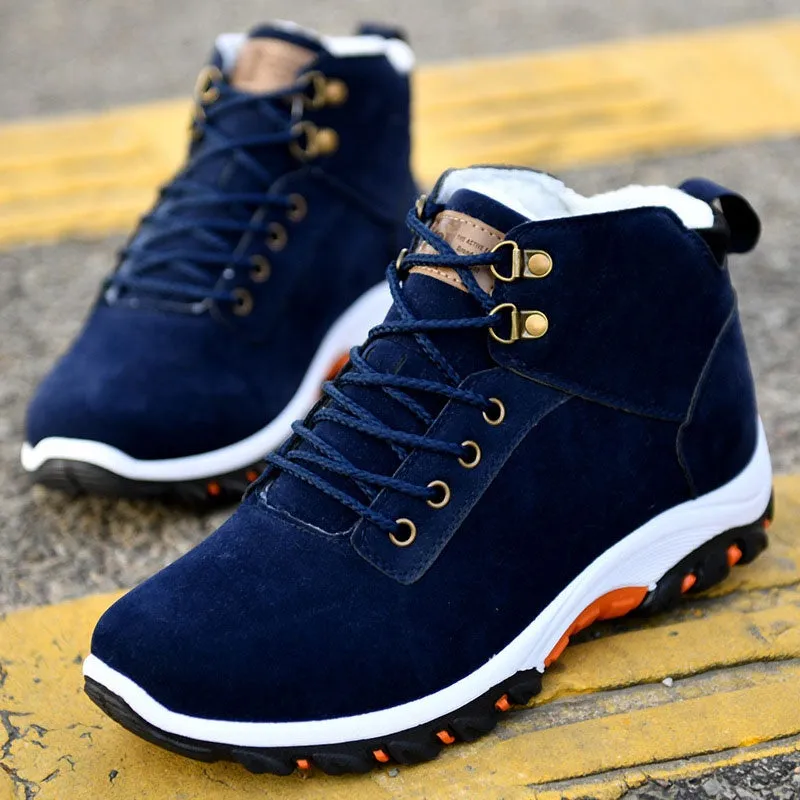 Men winter boots in cotton suede, lace-up style, available in black, blue, and yellow, foot length 24.5–27cm