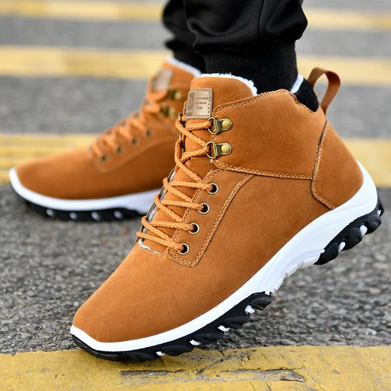 Men winter boots in cotton suede, lace-up style, available in black, blue, and yellow, foot length 24.5–27cm