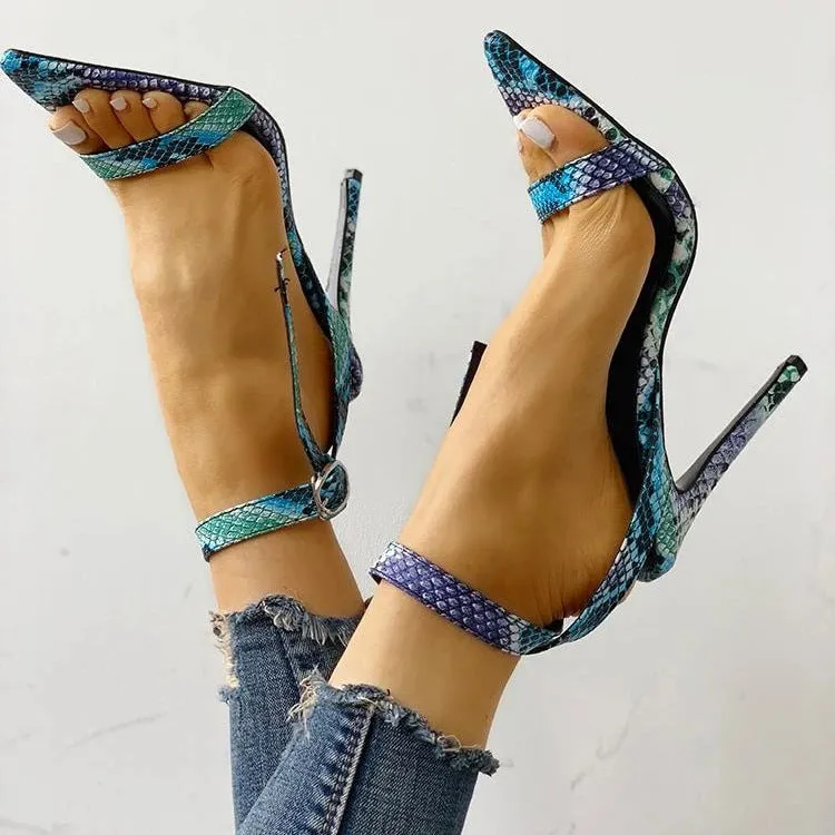 Blue women's high heel shoes with buckle fastening and hollow-out design on artificial PU leather upper