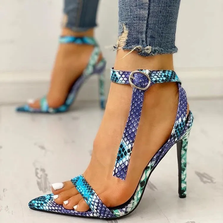 Blue women's high heel shoes with buckle fastening and hollow-out design on artificial PU leather upper