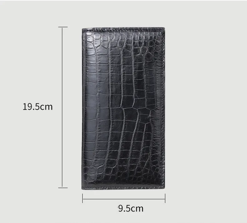 Men's long black crocodile leather bifold wallet with multiple card slots and change pocket