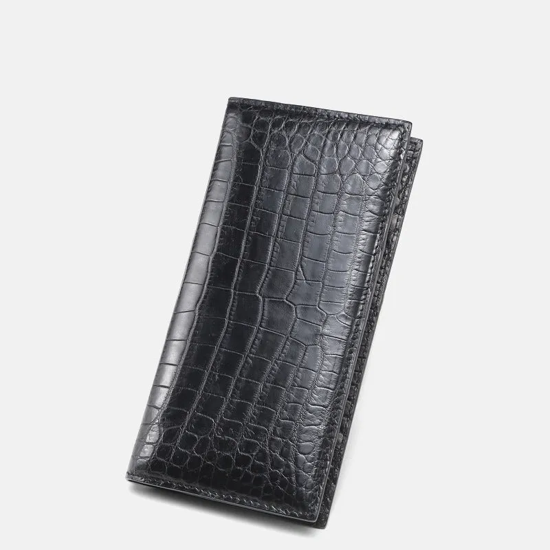 Men's long black crocodile leather bifold wallet with multiple card slots and change pocket
