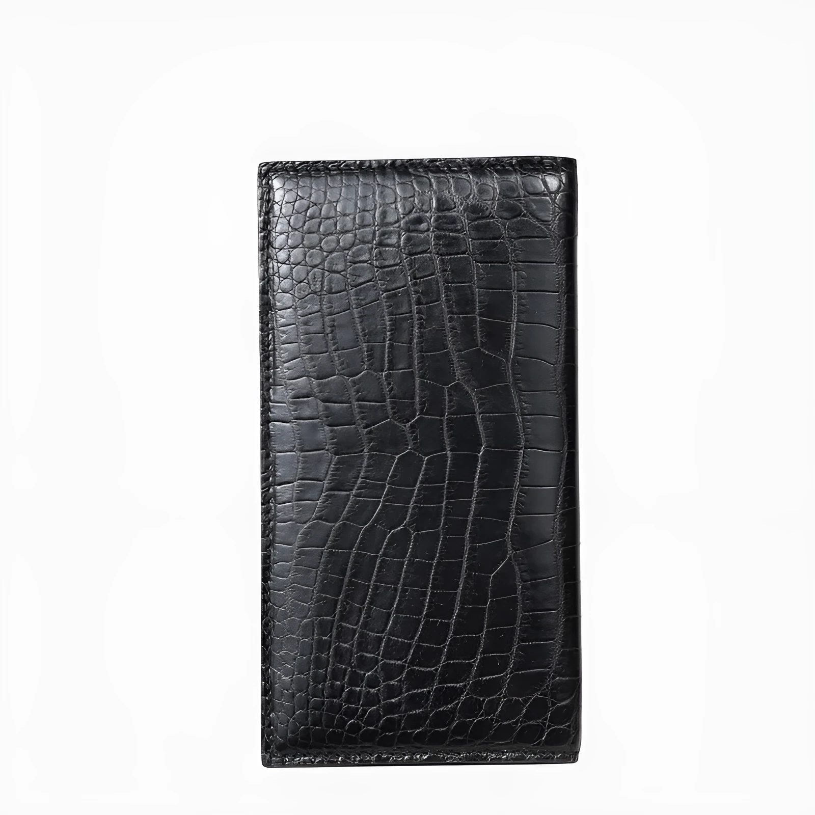 Men's long black crocodile leather bifold wallet with multiple card slots and change pocket