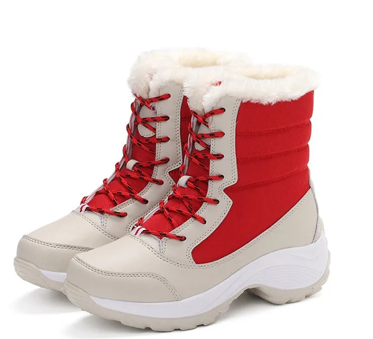 Women's high-top snow boots with synthetic leather upper, cross strap detail, and round toe, available in black