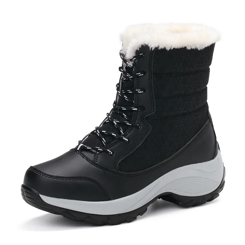 Women's high-top snow boots with synthetic leather upper, cross strap detail, and round toe, available in black
