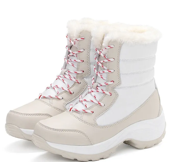Women's high-top snow boots with synthetic leather upper, cross strap detail, and round toe, available in black