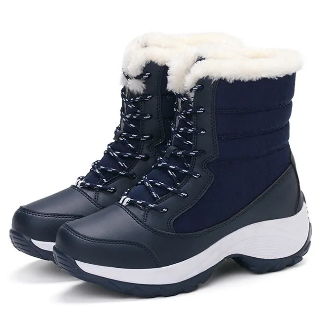 Women's high-top snow boots with synthetic leather upper, cross strap detail, and round toe, available in black