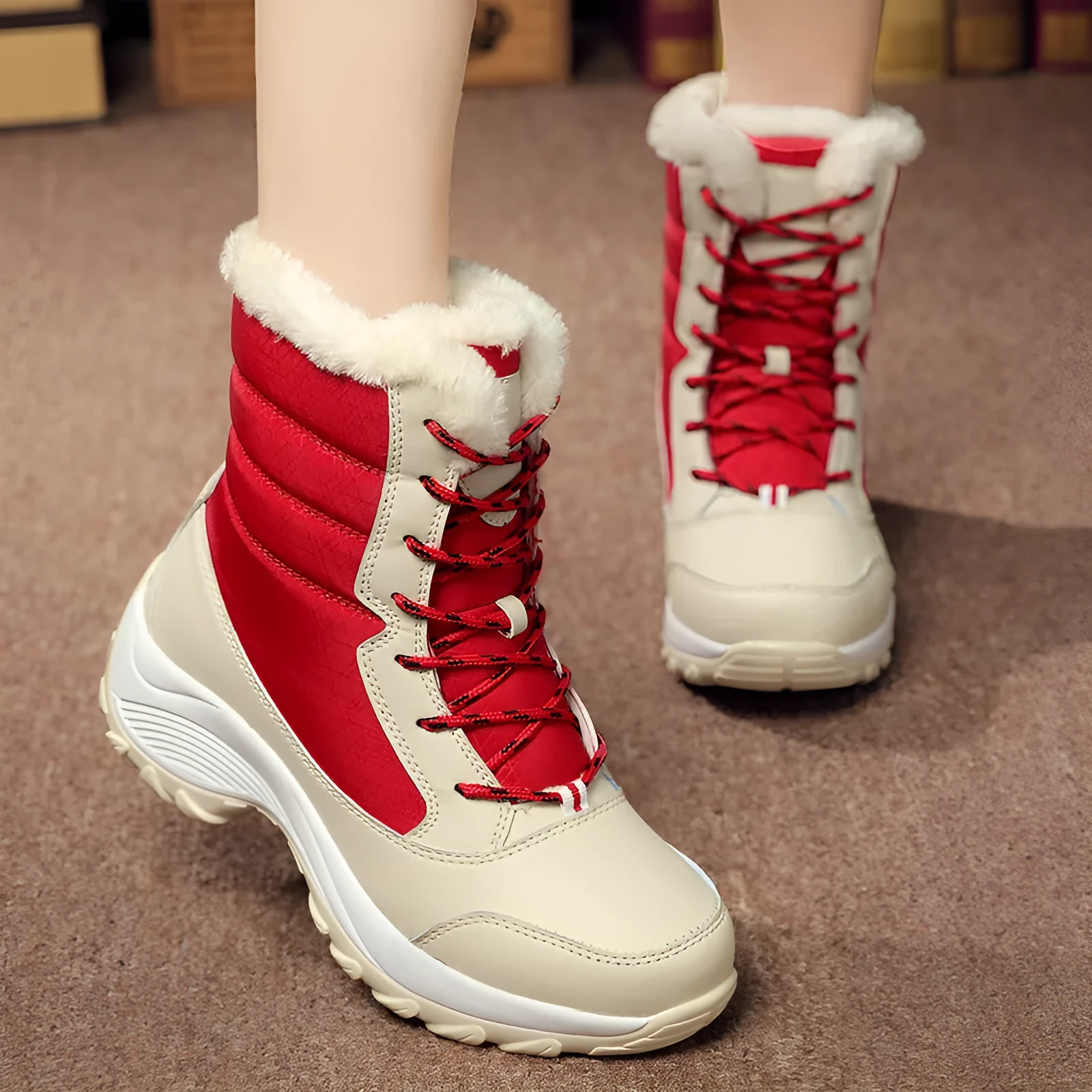 Women's high-top snow boots with synthetic leather upper, cross strap detail, and round toe, available in black