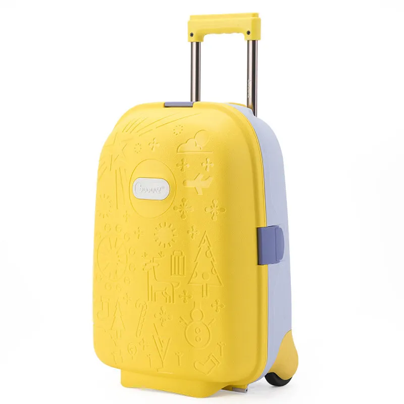 16-inch mini cartoon hard shell suitcase in printed blue with telescopic handle and single-directional wheel