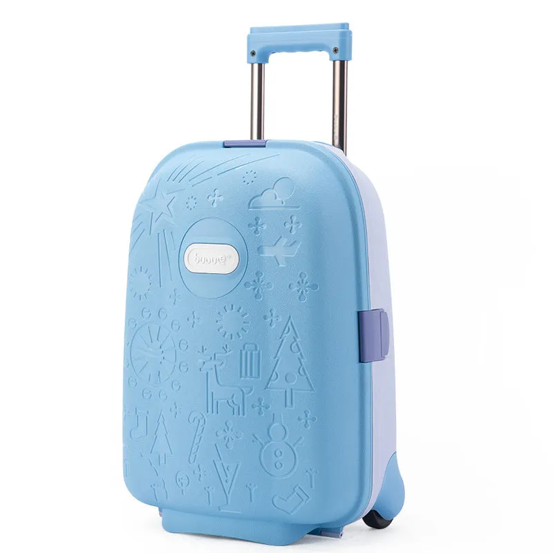 16-inch mini cartoon hard shell suitcase in printed blue with telescopic handle and single-directional wheel