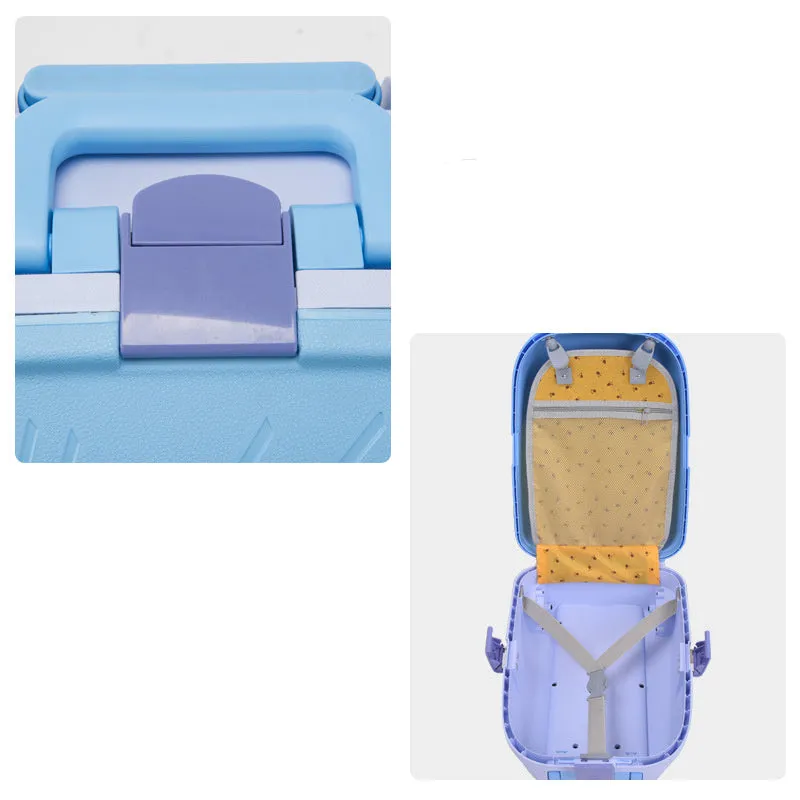 16-inch mini cartoon hard shell suitcase in printed blue with telescopic handle and single-directional wheel