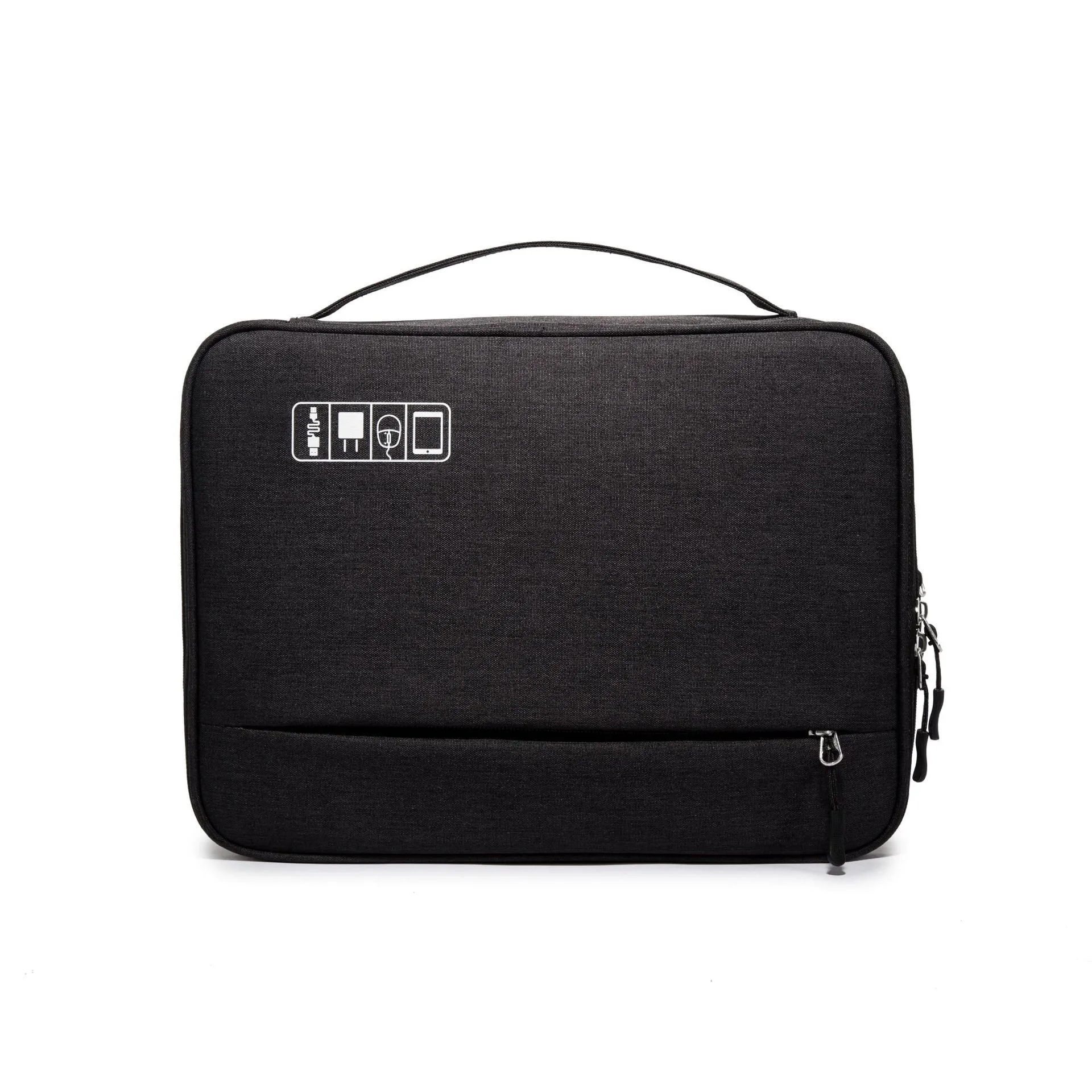 Cube-shaped polyester digital storage bag in black with zippered opening for cables and gadgets