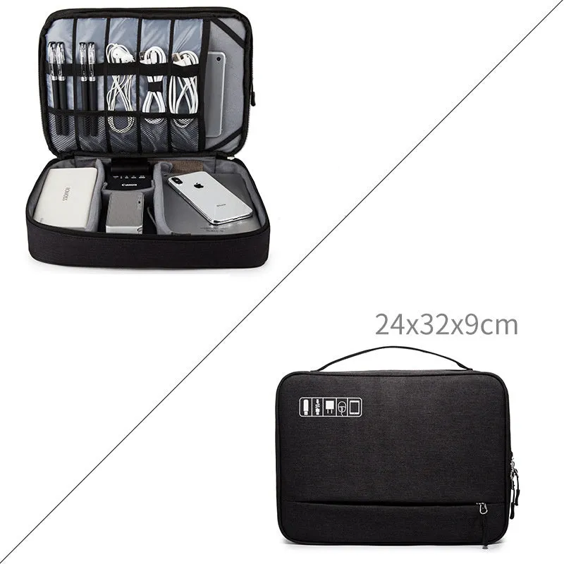 Cube-shaped polyester digital storage bag in black with zippered opening for cables and gadgets