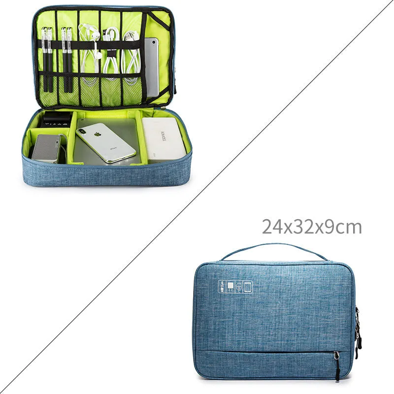 Cube-shaped polyester digital storage bag in black with zippered opening for cables and gadgets