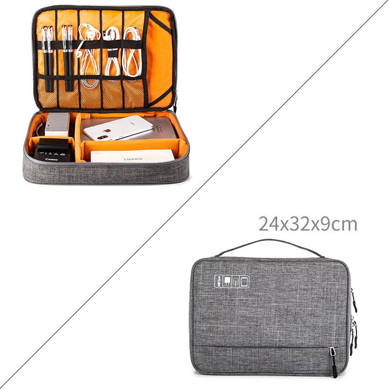 Cube-shaped polyester digital storage bag in black with zippered opening for cables and gadgets