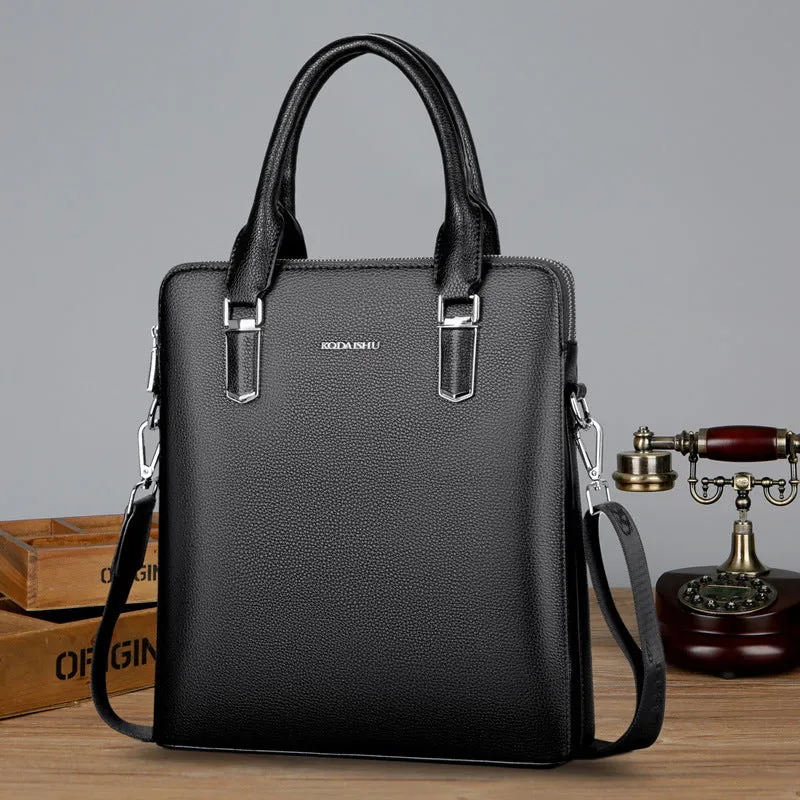 Men's PU leather handbag with litchi pattern, double pull opening, and telescopic handle in black and brown colours