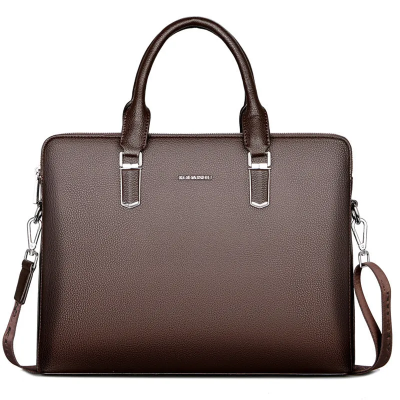 Men's PU leather handbag with litchi pattern, double pull opening, and telescopic handle in black and brown colours
