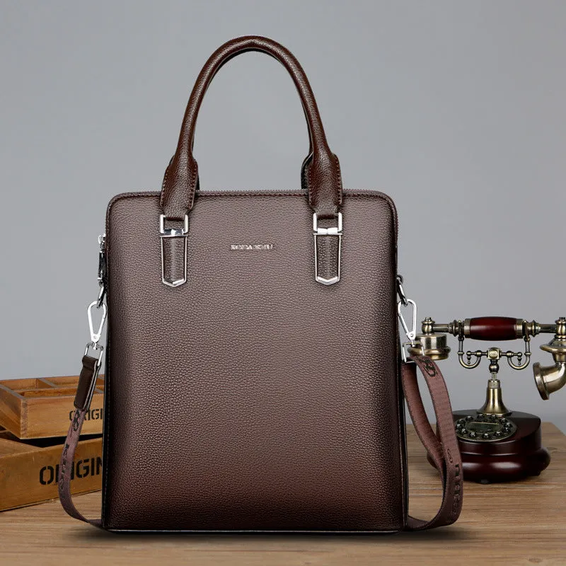 Men's PU leather handbag with litchi pattern, double pull opening, and telescopic handle in black and brown colours