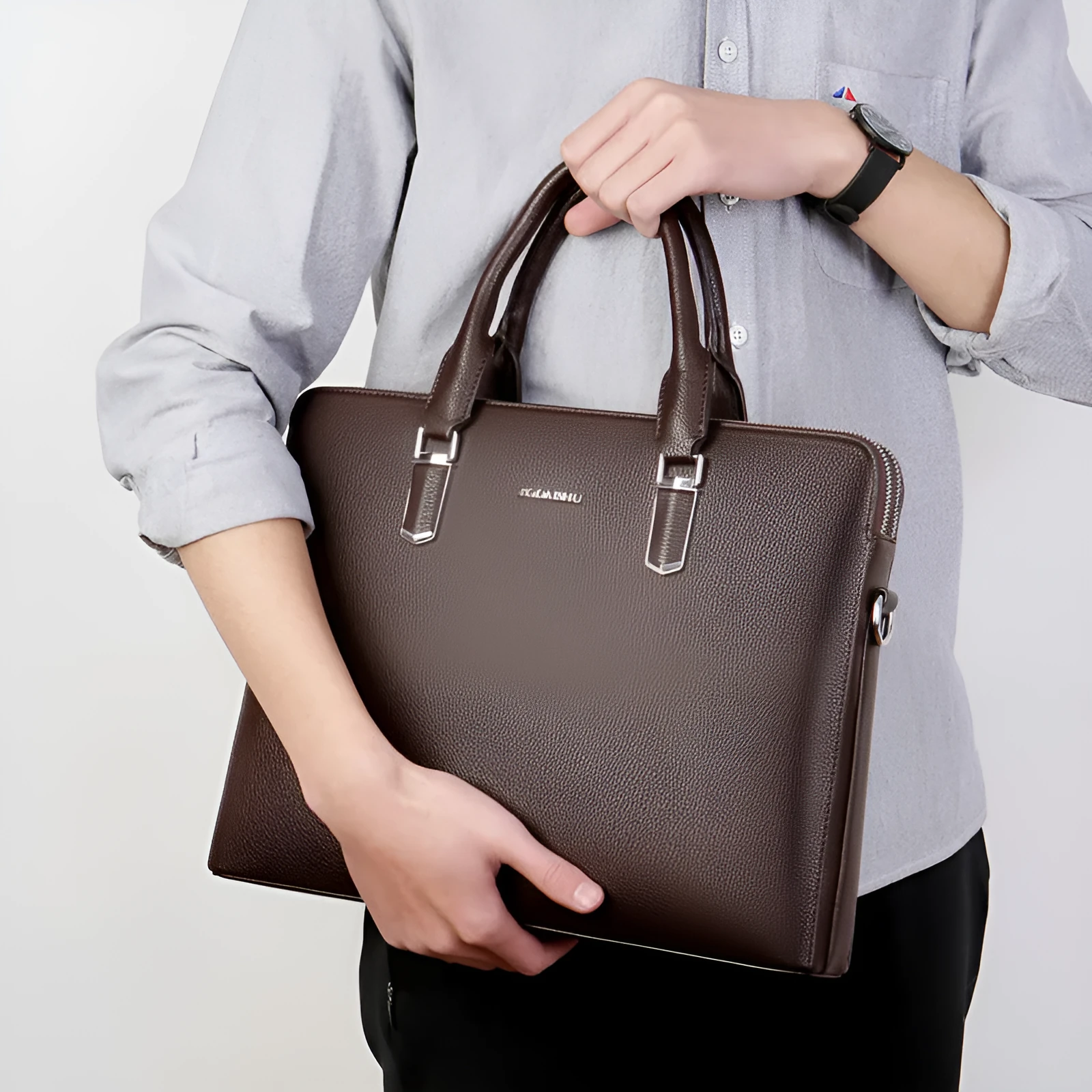 Men's PU leather handbag with litchi pattern, double pull opening, and telescopic handle in black and brown colours