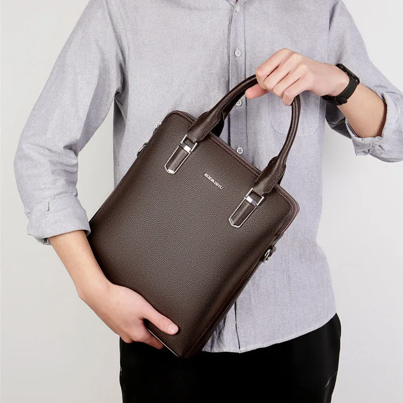 Men's PU leather handbag with litchi pattern, double pull opening, and telescopic handle in black and brown colours
