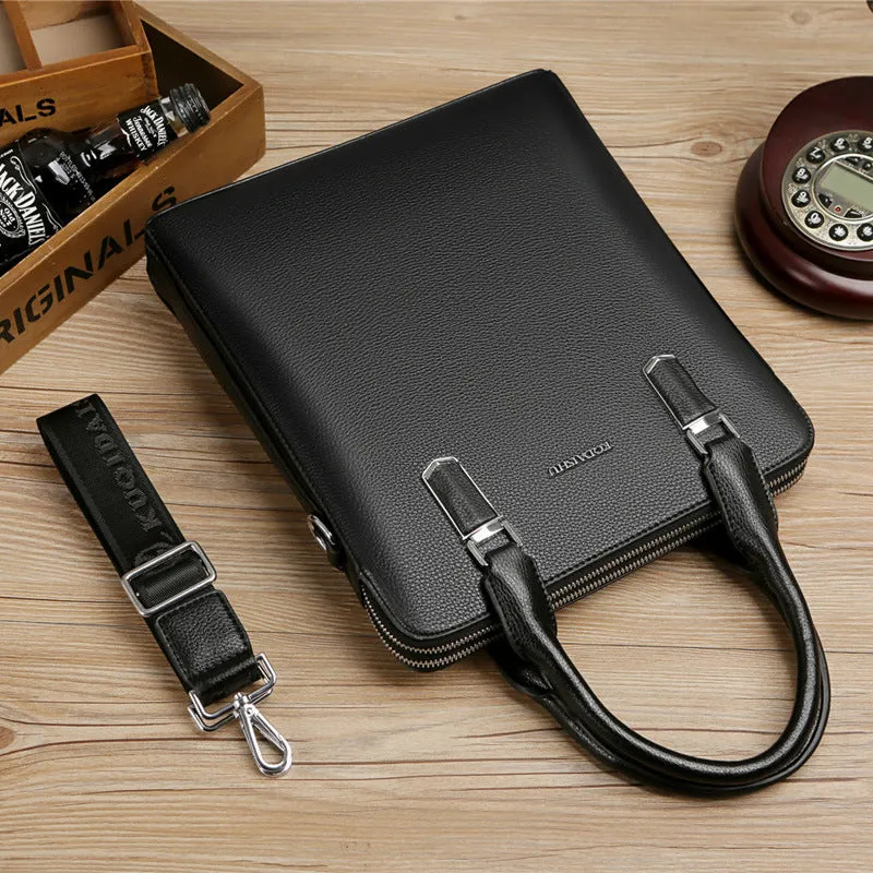 Men's PU leather handbag with litchi pattern, double pull opening, and telescopic handle in black and brown colours