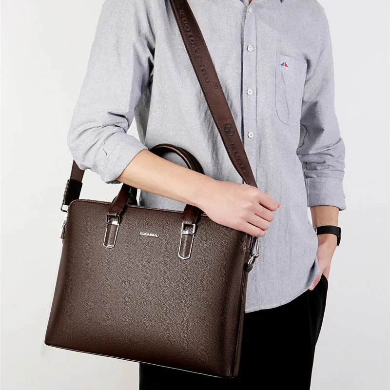 Men's PU leather handbag with litchi pattern, double pull opening, and telescopic handle in black and brown colours