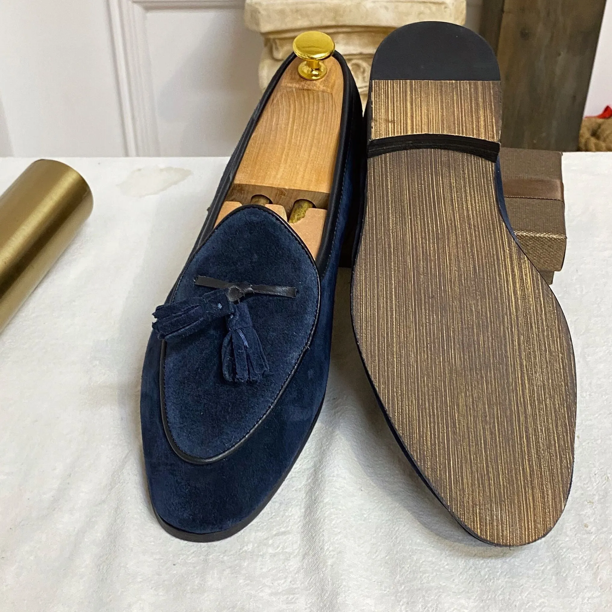 Men's dark blue suede slip-on loafers made from genuine cowhide leather lightweight design size 40