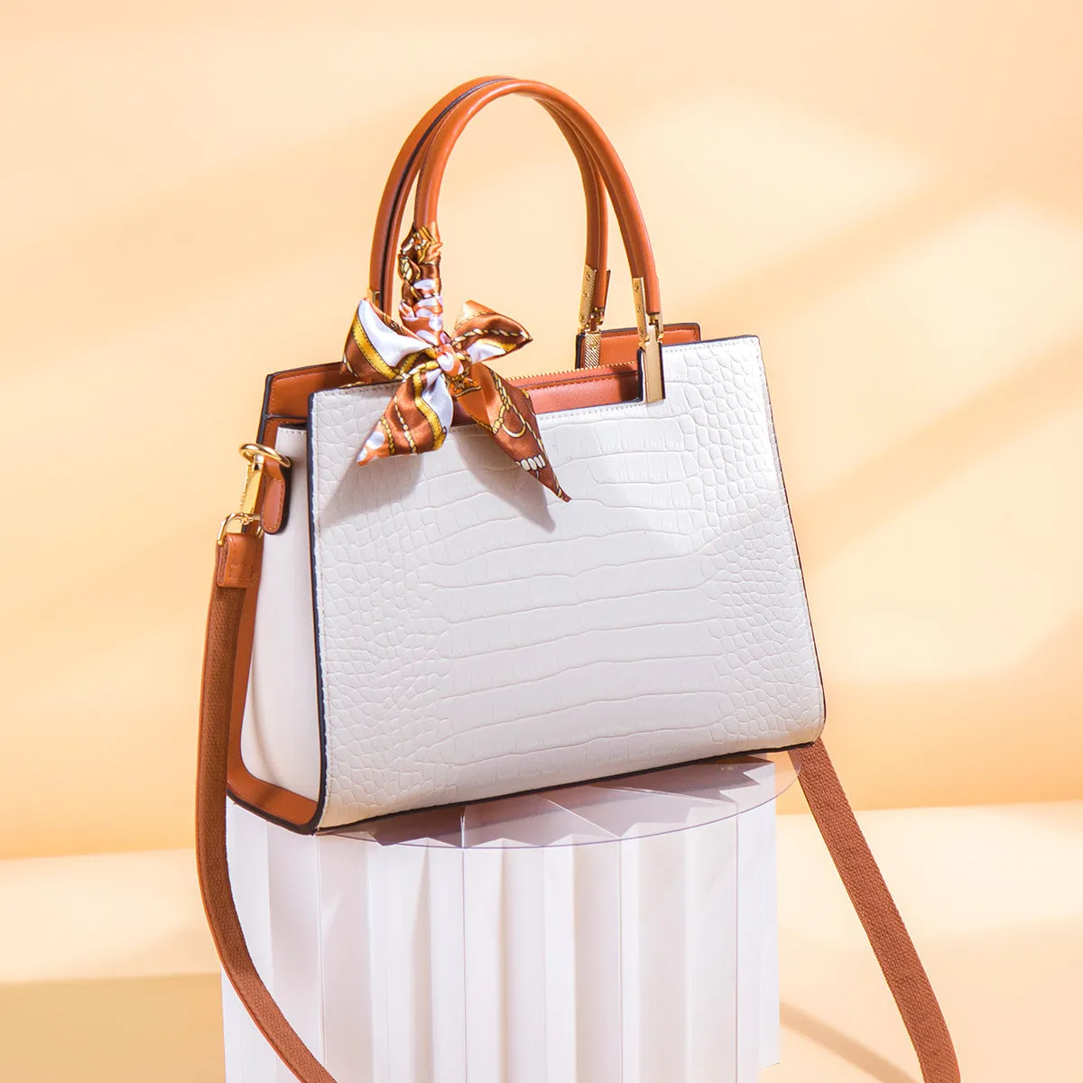 Milky white women's PU leather shoulder handbag with horizontal square shape and internal organiser compartments