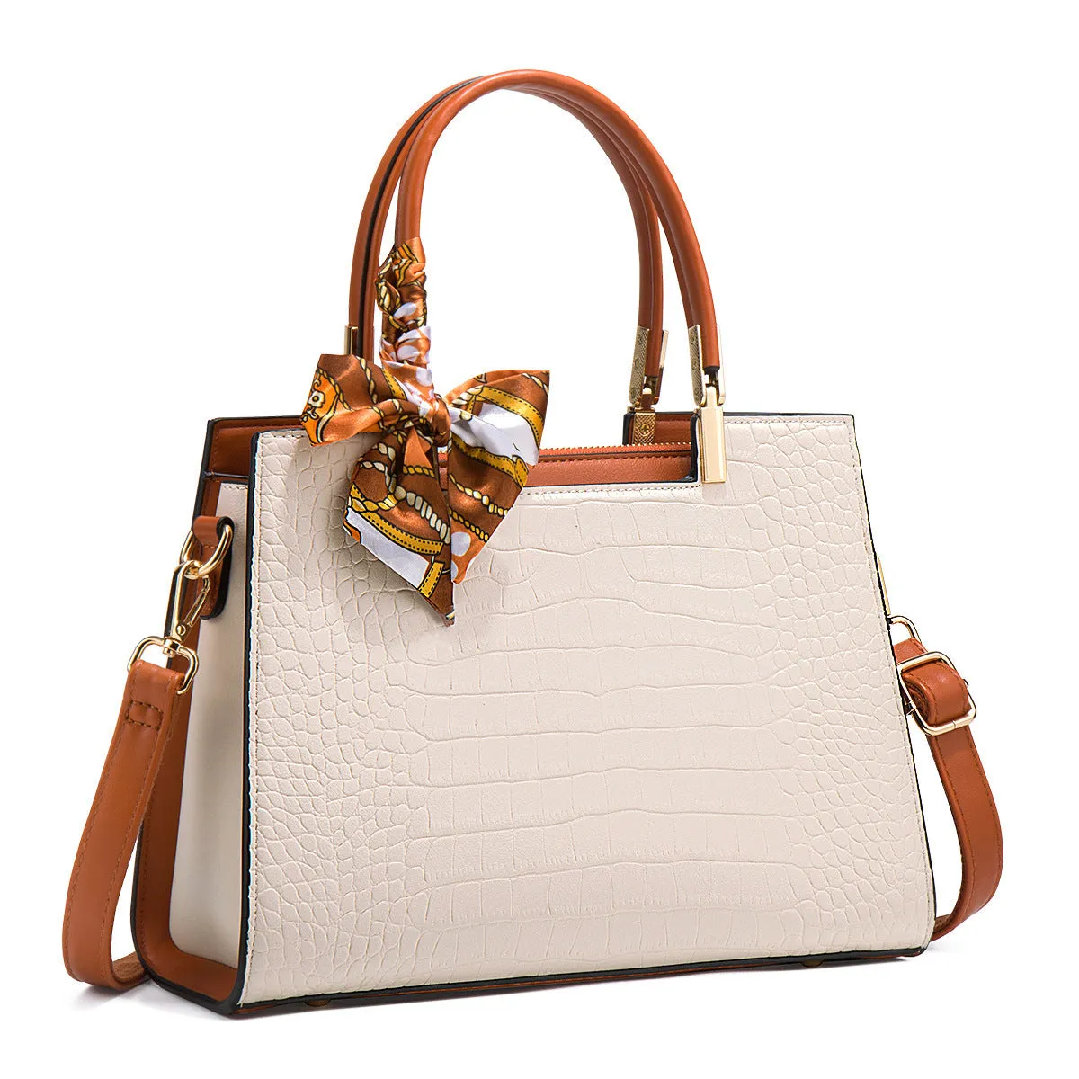 Milky white women's PU leather shoulder handbag with horizontal square shape and internal organiser compartments