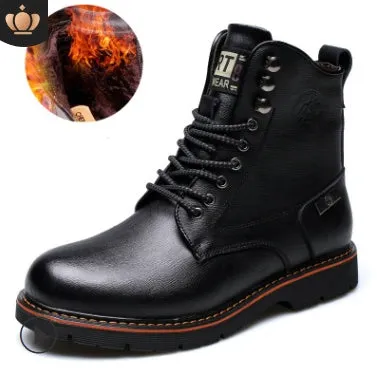 Men's brown embossed leather Martin boots with mid-top cut, round toe, thick heel, and front strap on a wooden floor