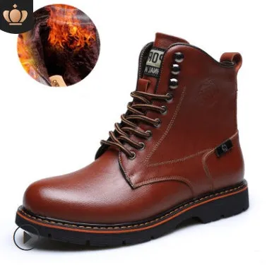 Men's brown embossed leather Martin boots with mid-top cut, round toe, thick heel, and front strap on a wooden floor