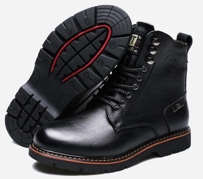 Men's brown embossed leather Martin boots with mid-top cut, round toe, thick heel, and front strap on a wooden floor