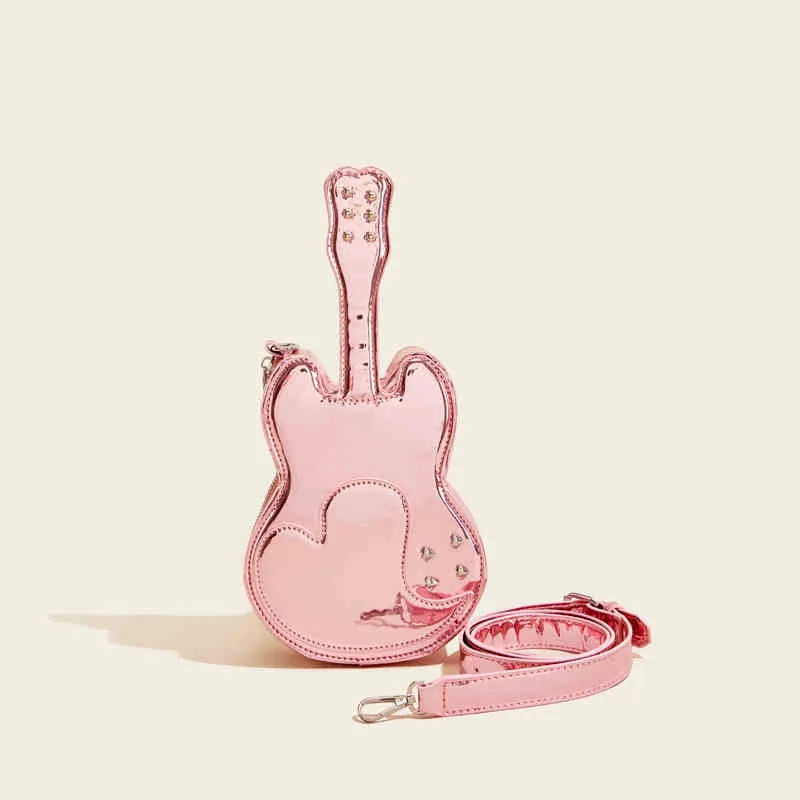 Guitar-inspired creative arts PU crossbody shoulder bag in one of five colours: silver, black, yellow, blue, or pink.