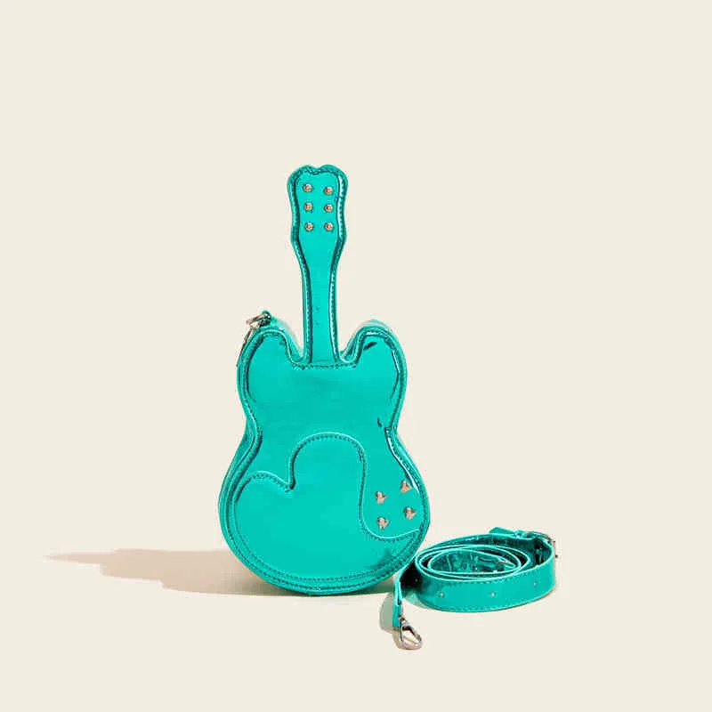 Guitar-inspired creative arts PU crossbody shoulder bag in one of five colours: silver, black, yellow, blue, or pink.