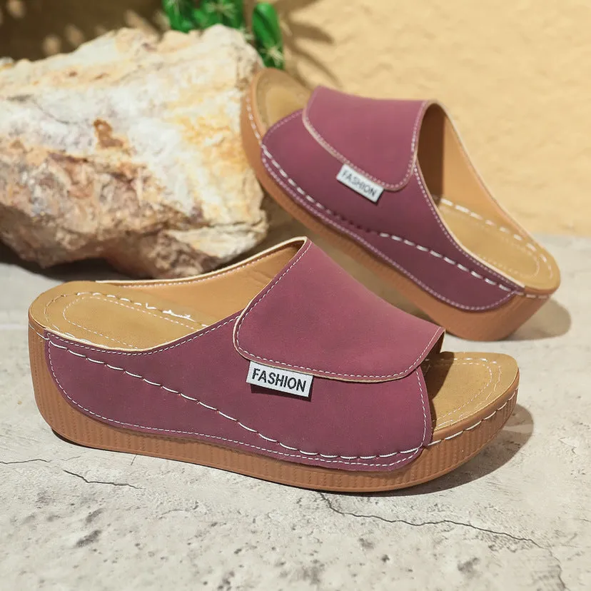 Women's wedge slippers sandals with fish mouth open toe and thick brown sole