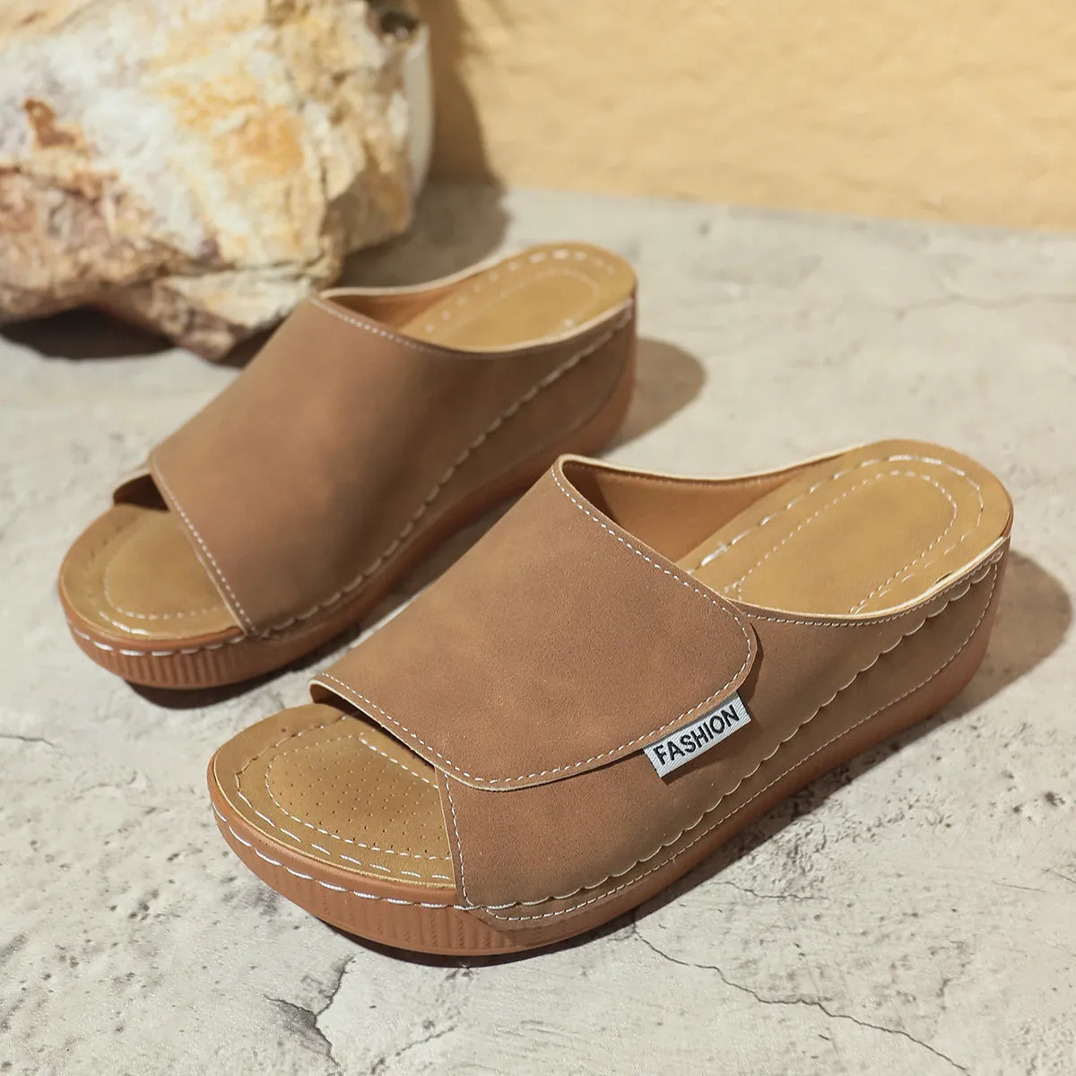 Women's wedge slippers sandals with fish mouth open toe and thick brown sole
