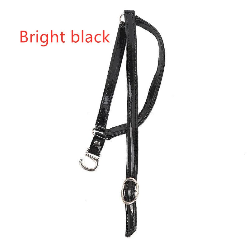 Pair of faux leather triangle shoe straps in black for holding loose high heels securely