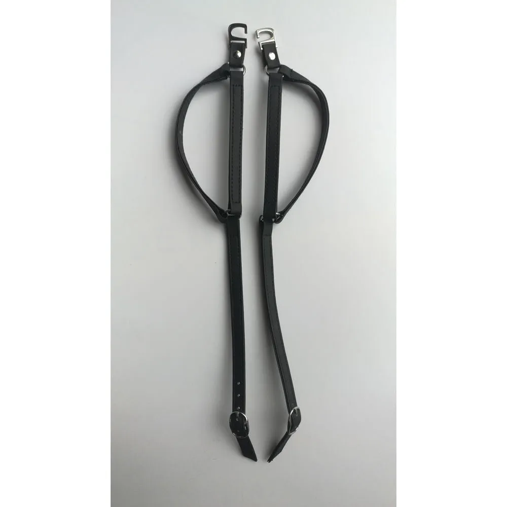 Pair of faux leather triangle shoe straps in black for holding loose high heels securely