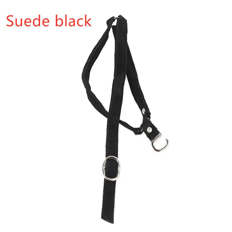 Pair of faux leather triangle shoe straps in black for holding loose high heels securely